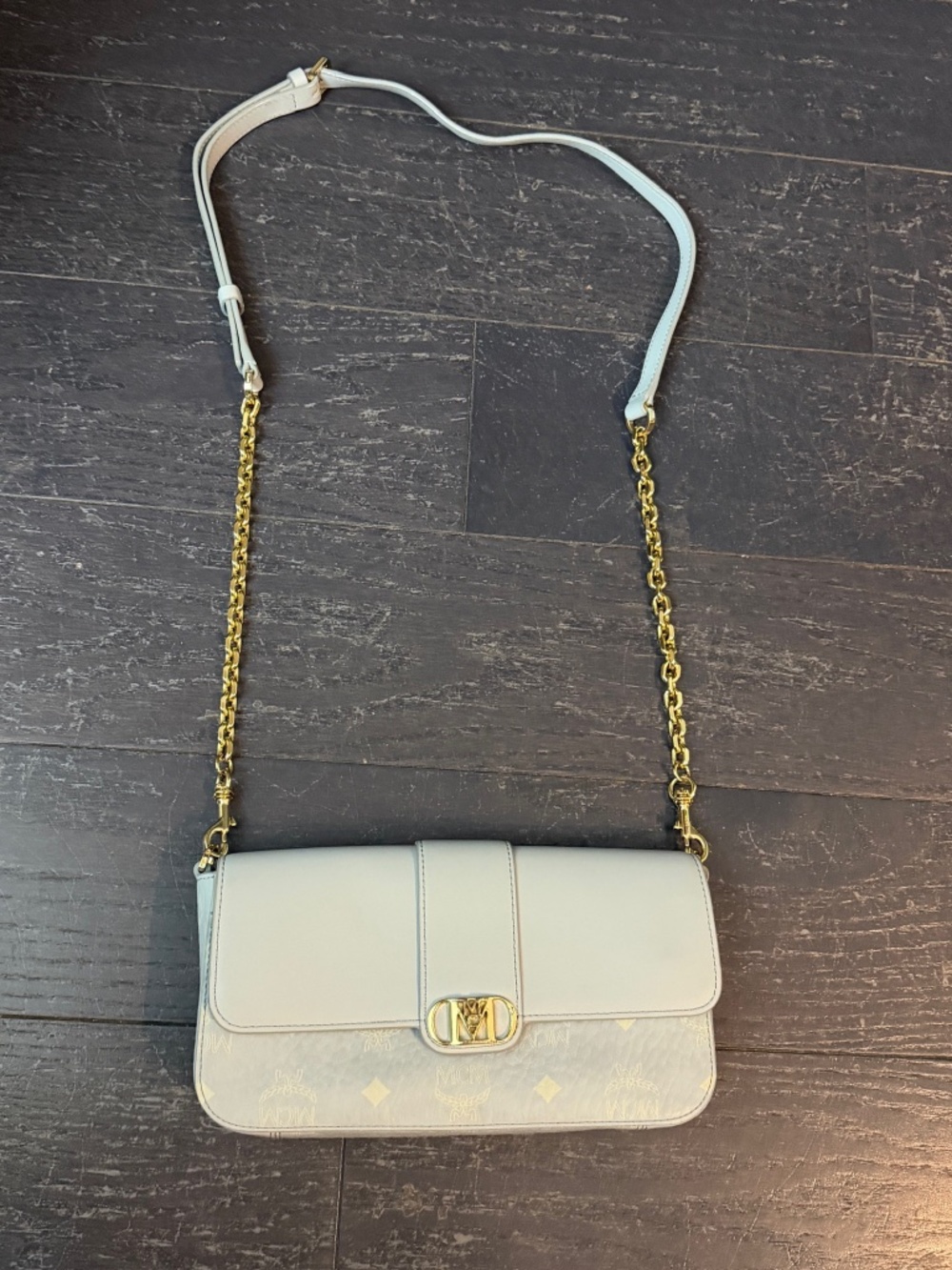 MCM Visetos Logo Crossbody Shoulder Bag Light Blue Gold Chain women bag logo